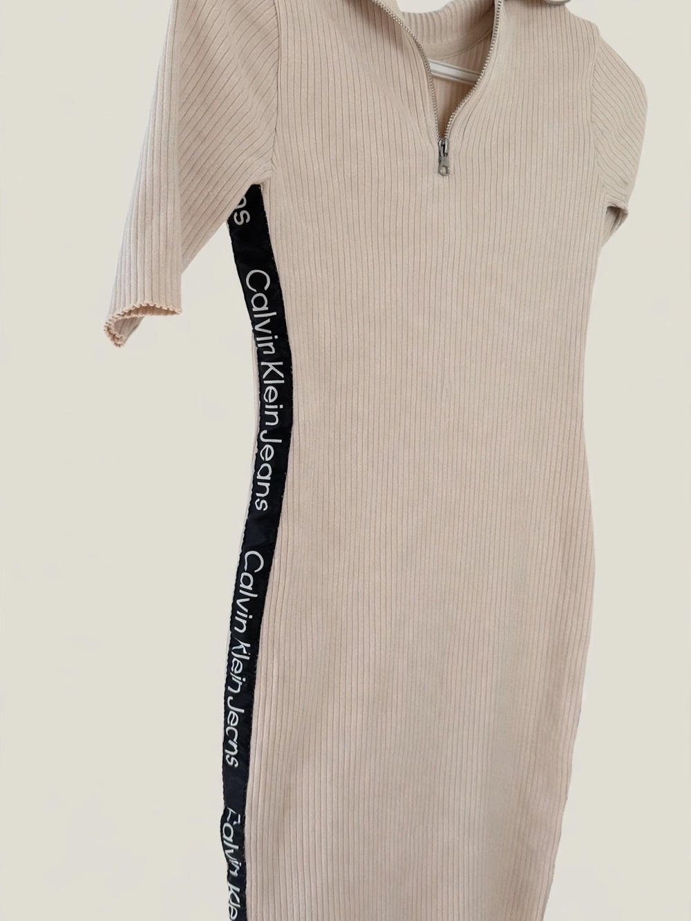 Calvin Klein Jeans Beige Ribbed Midi Dress with Black Logo Tape